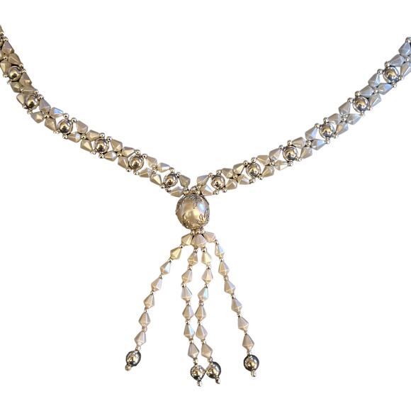 Vintage 80s Silver Beaded Tassel Necklace - White Crystal Drop Statement Piece - Picture 4 of 13